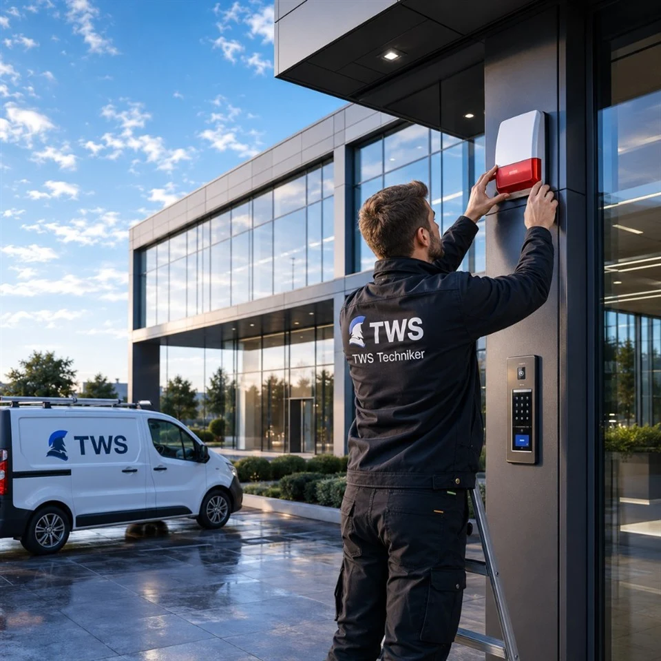 TWS-Techniker bei der Montage einer JABLOTRON-Außensirene an einem modernen Gewerbeobjekt