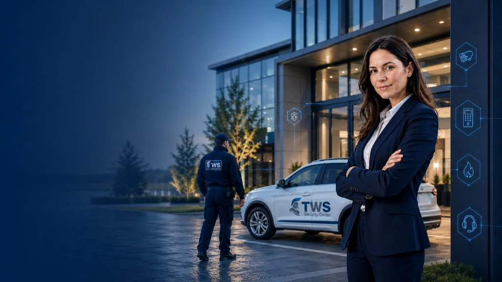 TWS Sicherheitsdienst und Sicherheitstechnik – KI-Julia vor gesichertem Firmengebäude mit TWS-Fahrzeug und Technik-Icons