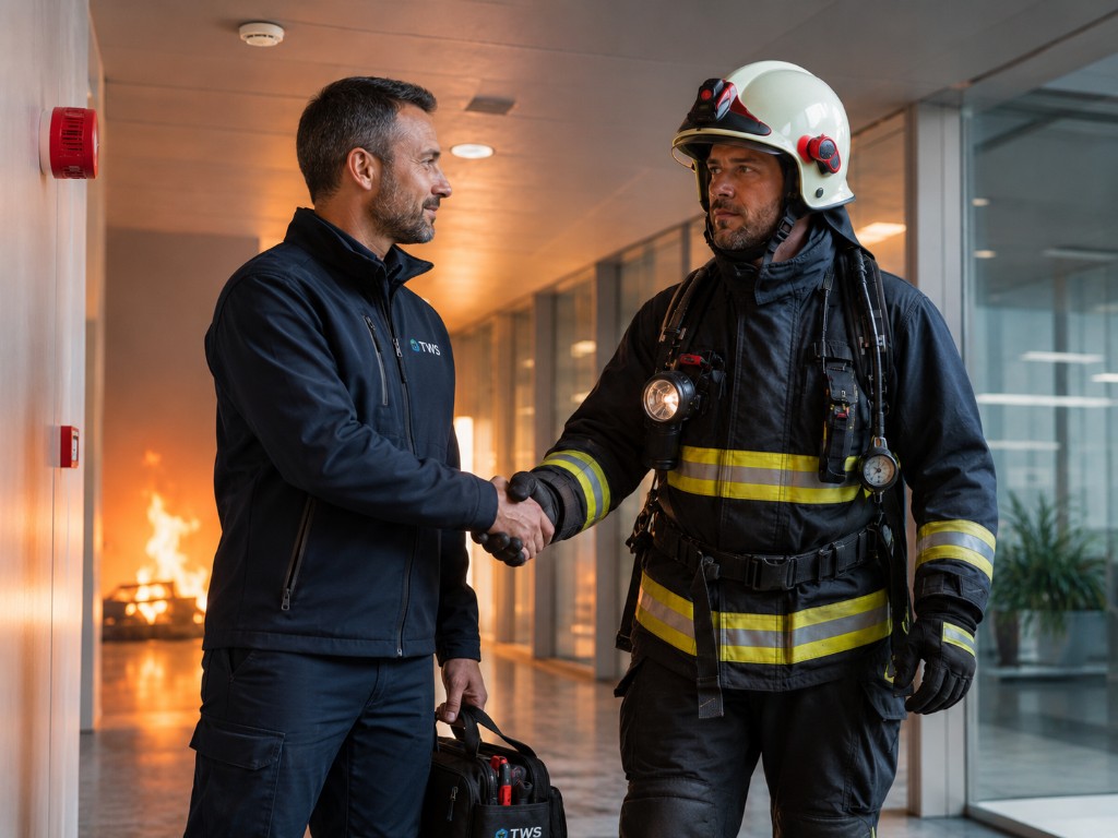 TWS-Techniker und Feuerwehr im Handshake – professionelle Brandwarnanlagen und abgestimmter Brandschutz