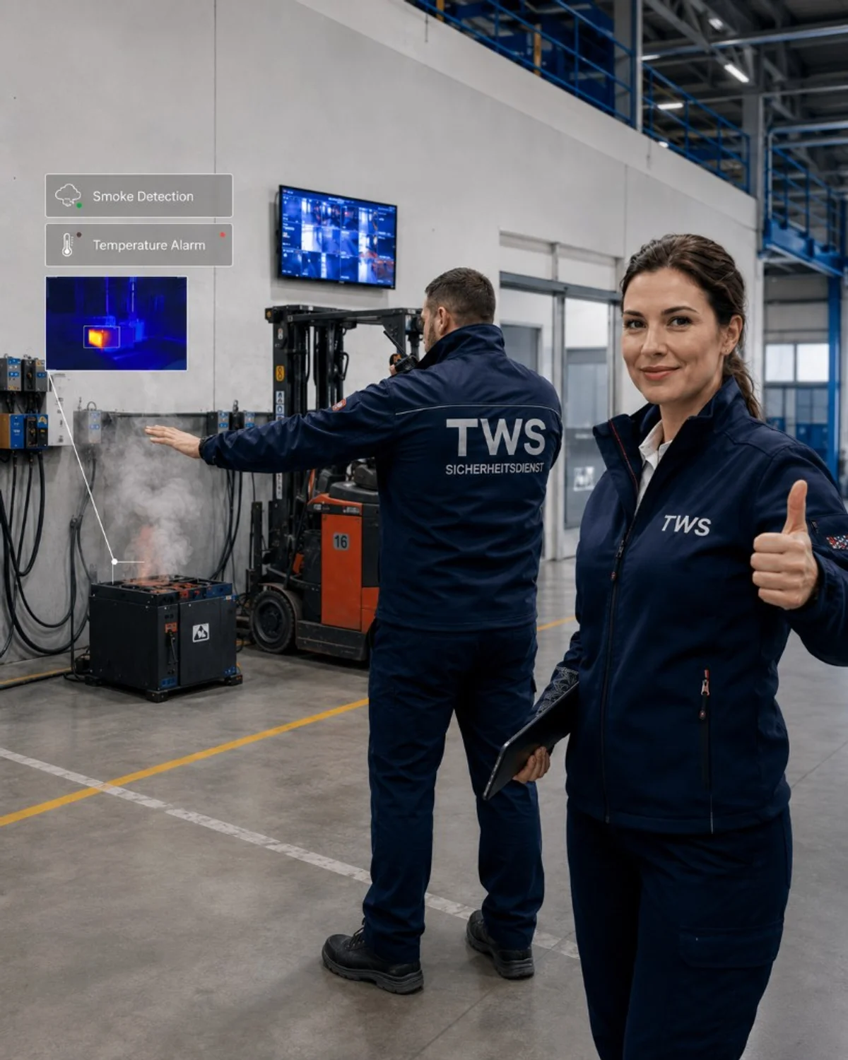 TWS-Sicherheitsdienst und Mitarbeiterin reagieren auf Rauch und Temperaturalarm an einer Gabelstapler-Ladestation