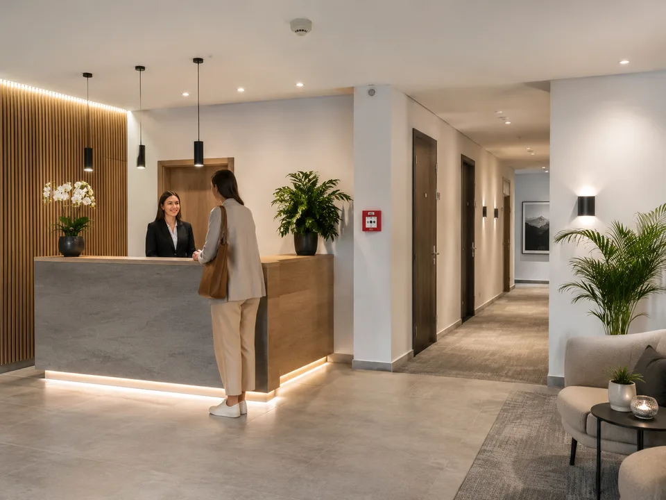 Hotel- oder Beherbergungsflur mit sichtbarer Brandwarntechnik