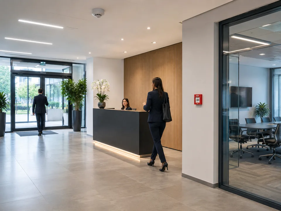 Moderner Gewerbe- und Lobbybereich mit Melder, Signalgeber und Handfeuermelder