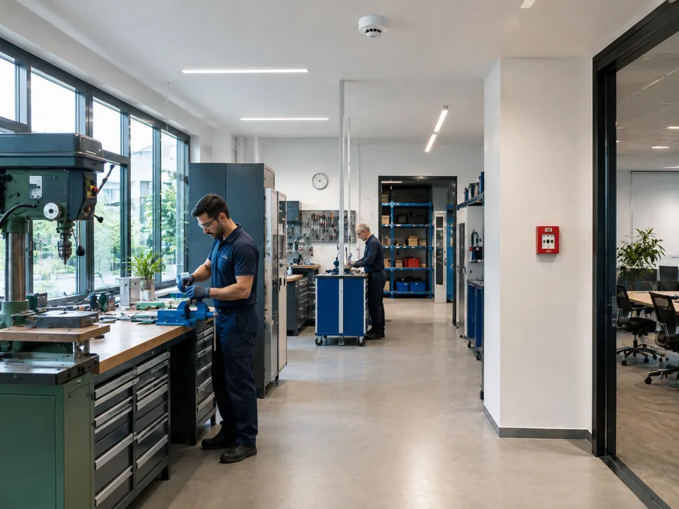 Gewerbe- oder Werkstattsbereich mit Brandwarnkomponenten