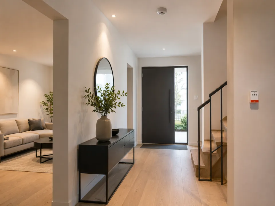 Modernes Wohnhaus mit Rauchwarnmelder im Flur