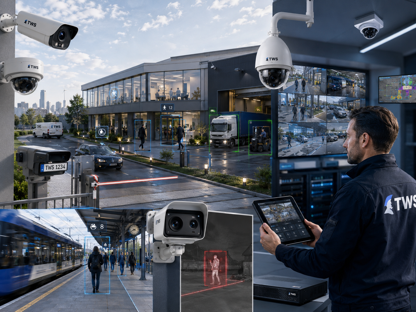 TWS Videoüberwachung mit Kameras, Leitstand, KI-Erkennung, Servicefahrzeug und moderner Gewerbeimmobilie