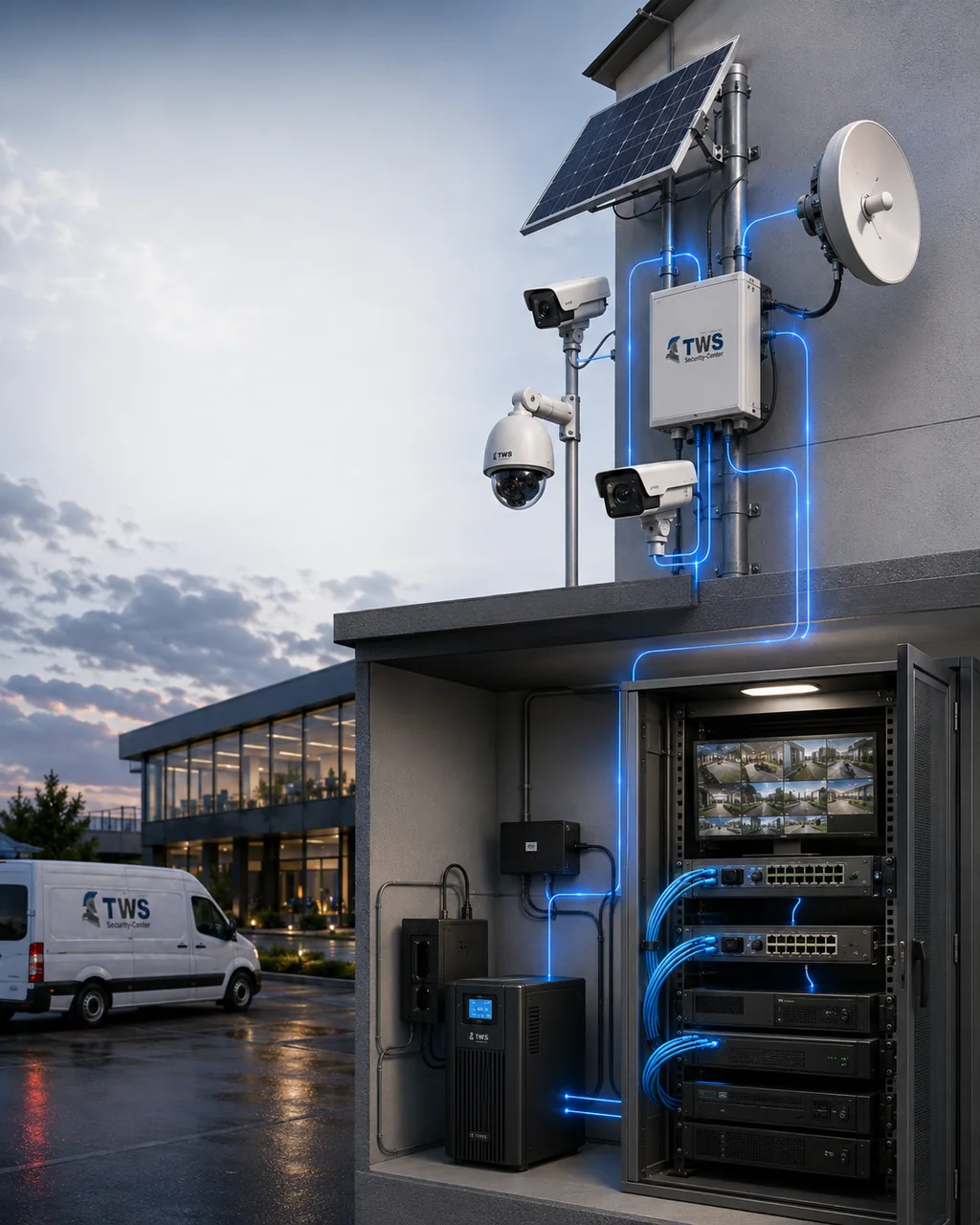 Netzwerk- und Übertragungstechnik für professionelle TWS-Videoüberwachung mit Netzwerkschrank, NVR, PoE, LTE, Richtfunk und USV