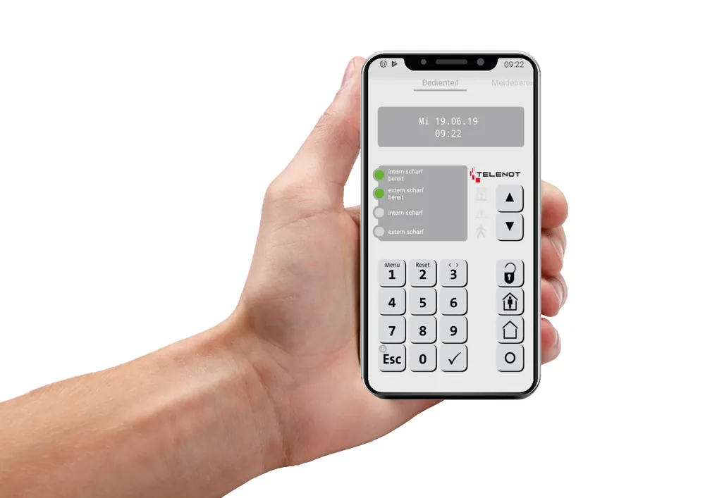 TELENOT Alarmanlagen-App BuildSec 4.0 auf einem Smartphone