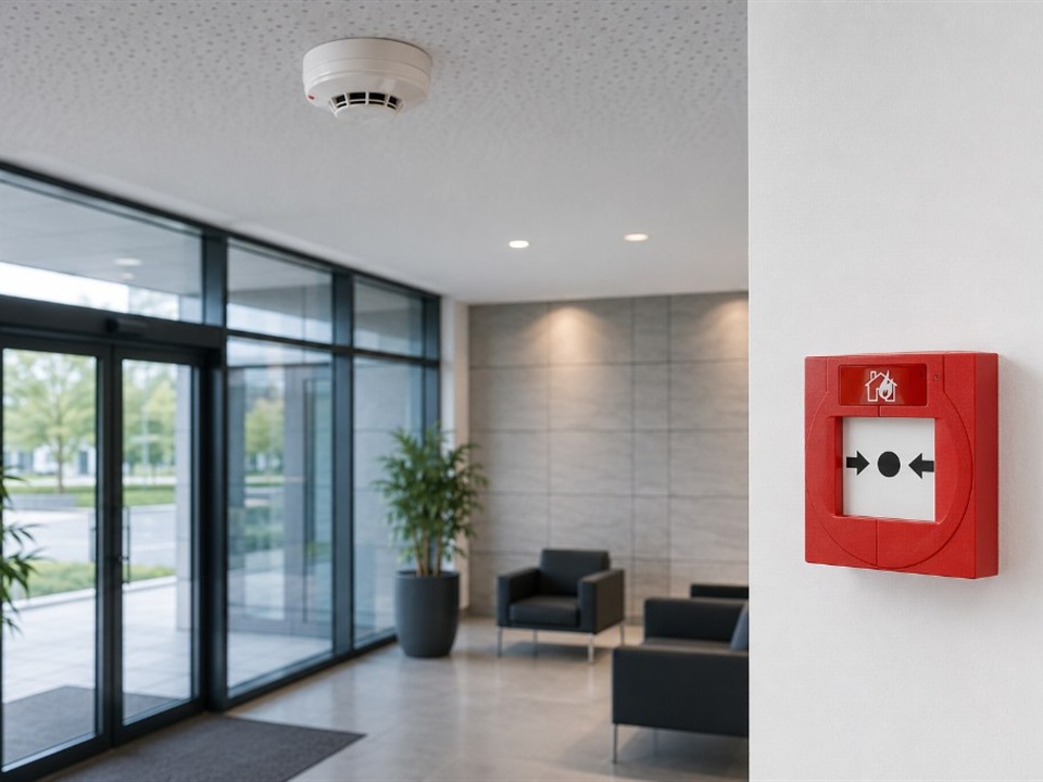 TWS Brandwarnanlagen: Handfeuermelder und Rauchmelder in moderner Gewerbeumgebung.