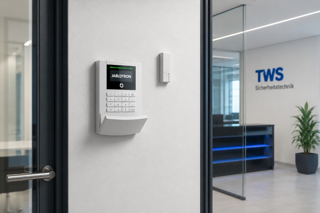 TWS Einbruchmeldeanlage: Jablotron-Bedienteil und Melder im Empfangsbereich eines Gewerbeobjekts.