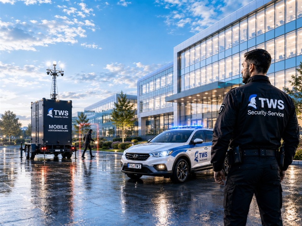 TWS Security-Service in Freyung, Bayern: Einsatzfahrzeug, mobile Videoüberwachung und Sicherheitskraft vor Objekt.