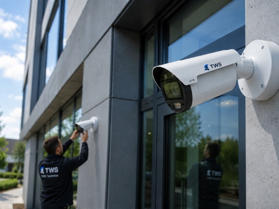 TWS Techniker installiert Videoüberwachung mit Axis-Kamera am Gewerbeobjekt.