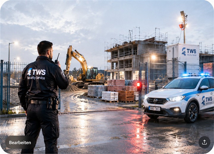 TWS Baustellenbewachung: Revierfahrzeug und Security-Kraft auf der Baustelle.