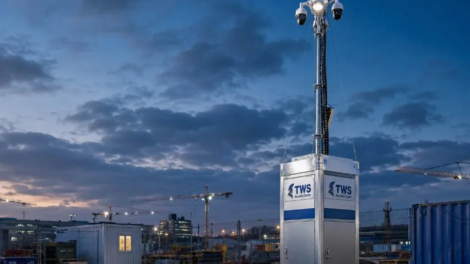 TWS Baustellenbewachung: mobiler Videoturm mit Kameraeinheit auf einer Baustelle am Abend.